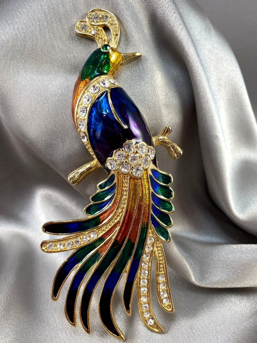 Vintage Bird of Paradise Brooch Large 5.5" Blue Green Enamel Rhinestone Gold Ton - Picture 2 of 7